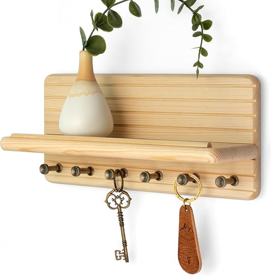 Rebee Vision Decorative Key Holder Wall Mount – Farmhouse 11-Inch Pine Wooden Key Holder for Wall with 6 Hooks & Floating Shelf - Chic and Functional Home Decor Solution (Natural Wood)