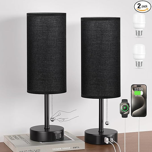 Black Bedside Lamps for Bedroom Set of 2 - Nightstand Table Lamp with USB Charging Port, Pull Chain Night Stand Light, Side Table Desk Reading Lamp for Living Room/Dorm/Bathroom/Kitchen