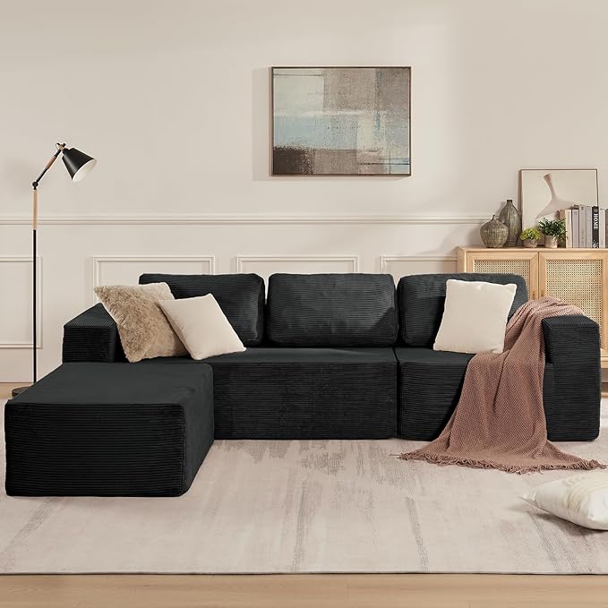 106" Cloud Sectional Couch, Left/Right Facing Convertible Sofa with Deep Seat, L-Shape Modular Upholstered Foam Couch for Living Room Bedroom, No Assembly Required (Corduroy Fabric, Black)