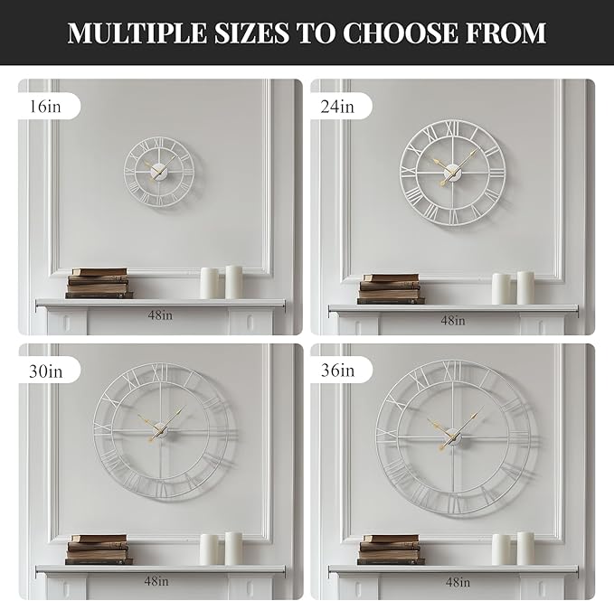 30 Inch Large Wall Clock, Modern Silver Metal Big Decorative Wall Clock Home Decor, Battery-Operated Roman Numeral Analog Metal Round Wall Clocks for Living Room, Bedroom, Office
