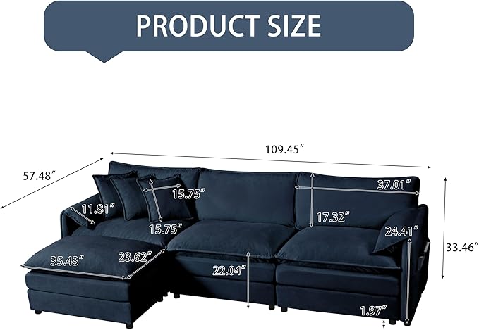 109.45" Modular Sectional Sofa,L Shaped Couch for Living Room,Modern Deep Seat Sofa 3 Seater Comfy Cloud Couchse Chenille Fabric with Throw Pillows & Movable Ottoman.
