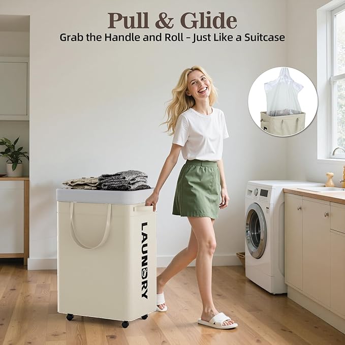 YECAYE 75L Rolling Laundry Hamper, Easy-to-Assemble Clothes Hamper with Wheels, Rolling Dirty Clothes Basket, Slim Basket for Bedroom, Bathroom, or Laundry Room, Beige