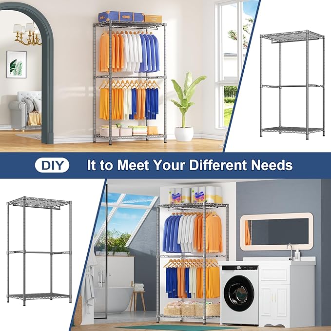 Ulif E12 Clothes Rack，Heavy Duty Freestanding Garment Rack with Shelves，Metal Clothing Closet Storage System for Hanging Clothes，71" W x 16" D x 76.5" H, Hold 960 lbs，Grey