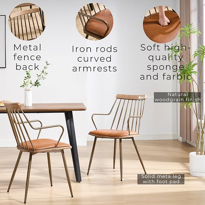 Modern Dining Chairs Set of 4, PU Upholstered Dining Chairs with Metal Legs, Wood Kitchen Chairs with Fence-Like Back and Curved Arm for Dining Room Kitchen Restaurant Reception (Brown)