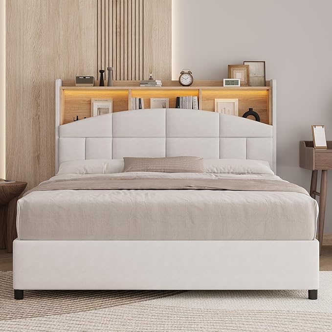 Full Size Bed Frame with Headboard, Velvet Upholstered Bed Frame with LED Lights, Full Size Platform Bed with Wooden Slats Support, No Box Spring Needed, No Noise, Beige