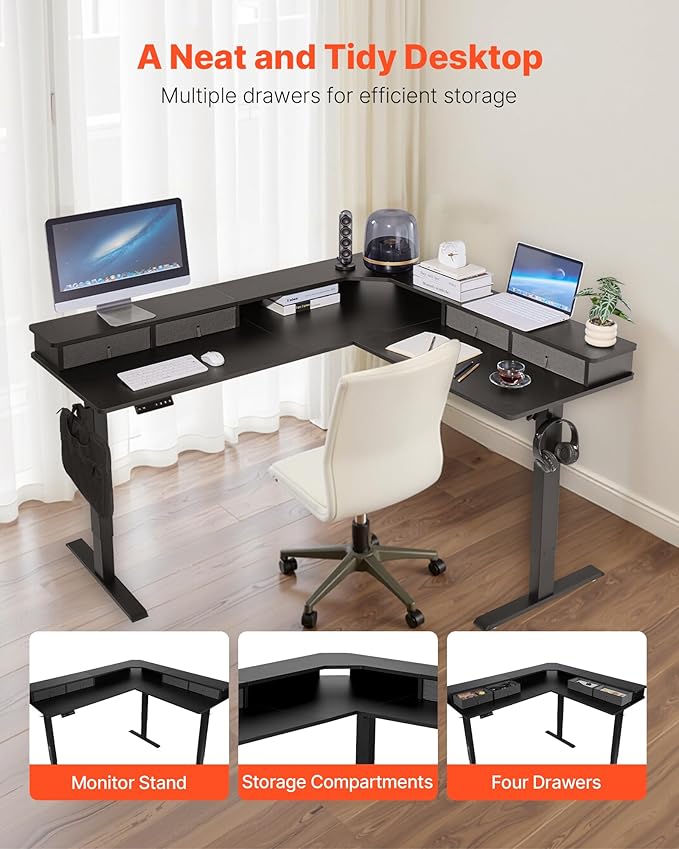 VEVOR 63'' Electric L Shaped Standing Desk, 3 Memory Height, 2-Tier Corner Table with 4 Drawers Storage, 2 Hooks & Cable Hole, Heavy Duty Carbon Steel Sit Stand Computer Workstation, Easy to Assemble