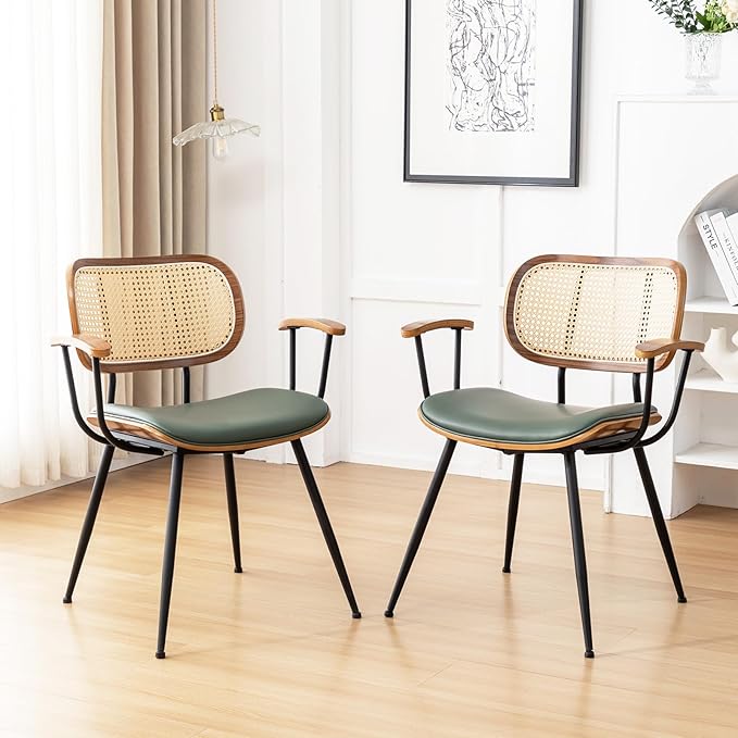 Rattan Dining Room Chairs Set of 4,Mid Century Modern Kitchen Side Chairs,Metal Legs Desk Chair,Faux Leather Accent Chair with Arms and Rattan Backrest Green PU