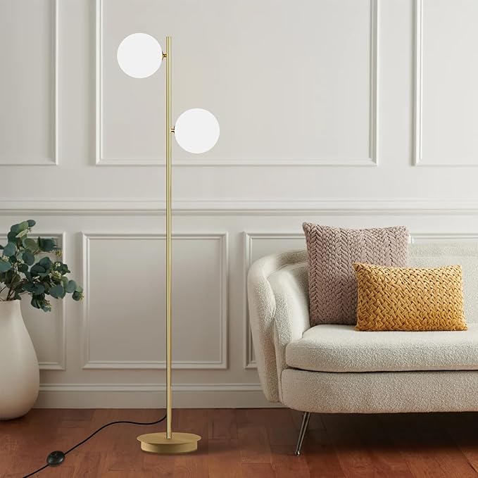 2 Light Mid Century Modern Floor Lamp for Living Room Retro Vintage Tall Standing Lamp with Frosted Glass Globe Shade Brass Floor Lamps for Office Hotel Bedroom