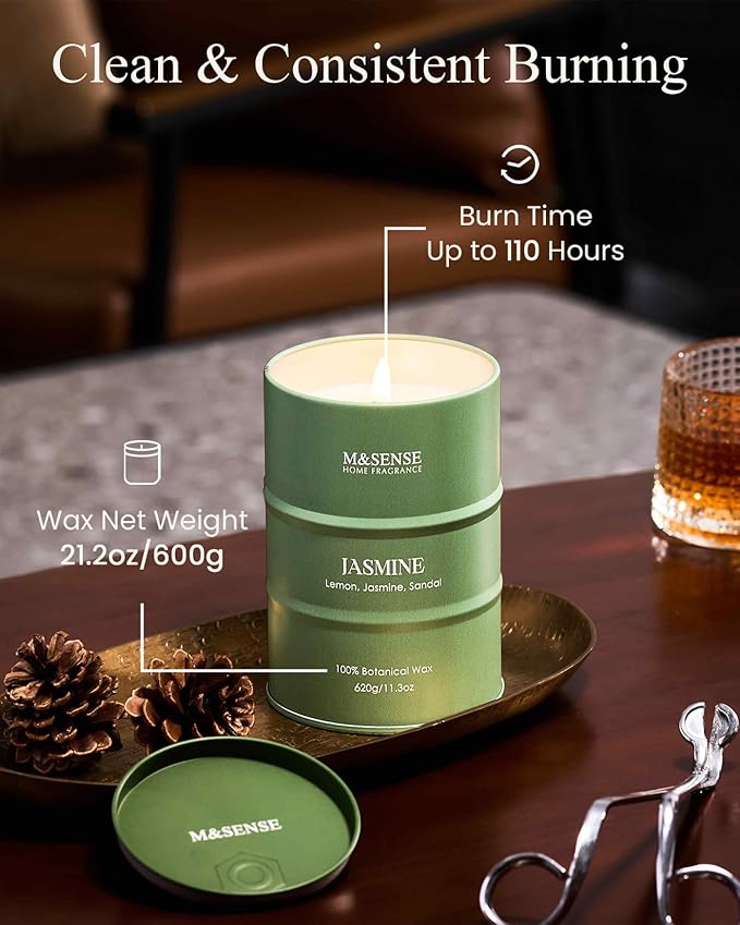 M&SENSE Jasmine Scented Candles Large, Natural Soy Candles 21.2oz 120 Hour Slow Burning,Aromatherapy Candle for Stress Relief Meditation Relaxing