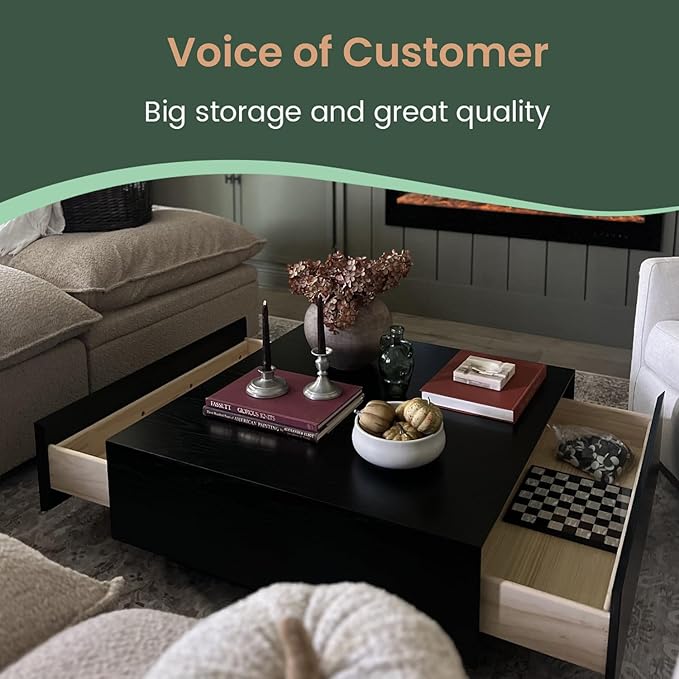 POVISON Modern Square Coffee Table with Drawers, 35.43" Wood Coffee Table for Living Room Home Office, Fully-Assembled Black