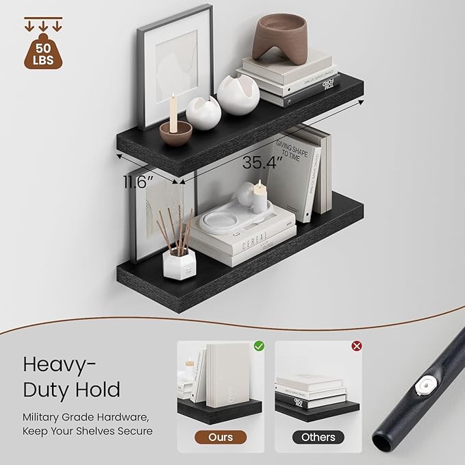 Heimlove 36 Inch Long Floating Shelf for Wall, 12" Deep Black Floating Shelves Shelves for Bedroom Living Room Bedroom, Mounted Shelves for Storage Book Decor, Set of 2