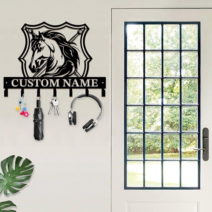 Custom Horse Key Hook - Personalized Forged Iron Wall Keys Holder with Equestrian Design, Black Metal Home Decor for Horse Theme Lovers (Style E)