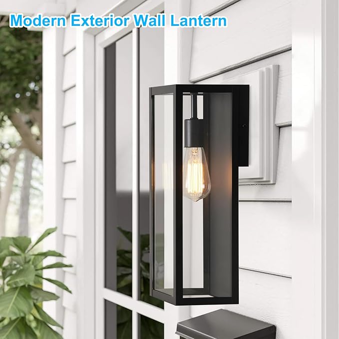 VerRon 2-Pack Outdoor Wall Lanterns, 16” Exterior Waterproof Outdoor Lights with Glass Shades, Black Porch Lights Wall Mounted, Anti-Rust E26 Modern Lighting for Patio Garage Entryway Front Door