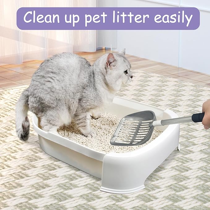 PINVNBY Cat Litter Scooper, Long Handle Litter Sifter Scoop with Litter Scoop Holder Stainless Steel Kitten Scooper Deep Kitty Litter Scooper with Box Metal Detachable Sifting Litter Shovel Set