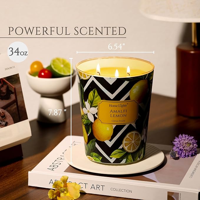 HomeLights Large jar Candle | 3-Wick Long-Lasting Scented Candles, 34oz Natural Soy Wax Candle for Home Scented, Eclectic Mixed Styles Gifts for Women & Men, Amalfi Lemon