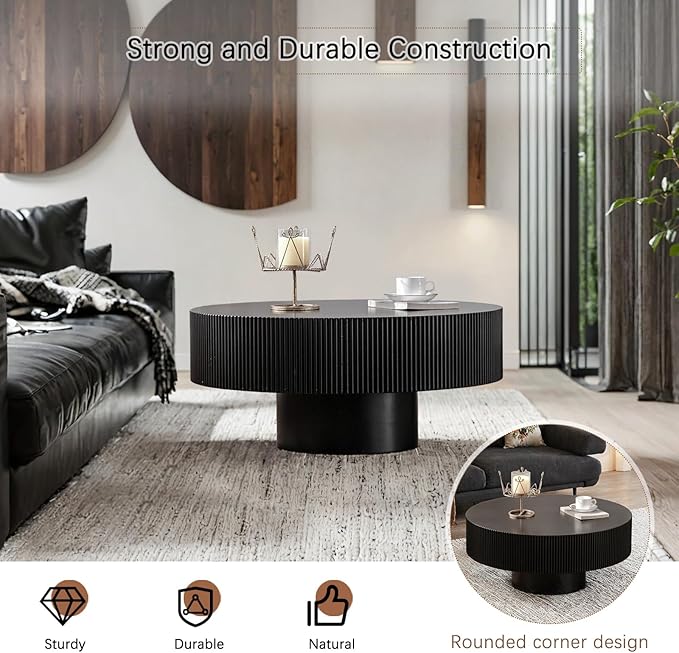 30.91" Round Drum Coffee Tables Modern Handcraft Drum Coffee Table Circle Coffee Table with Sturdy Pedestal, Fluted Wood Coffee Tables Accent End Table for Living Room,Black Thickened