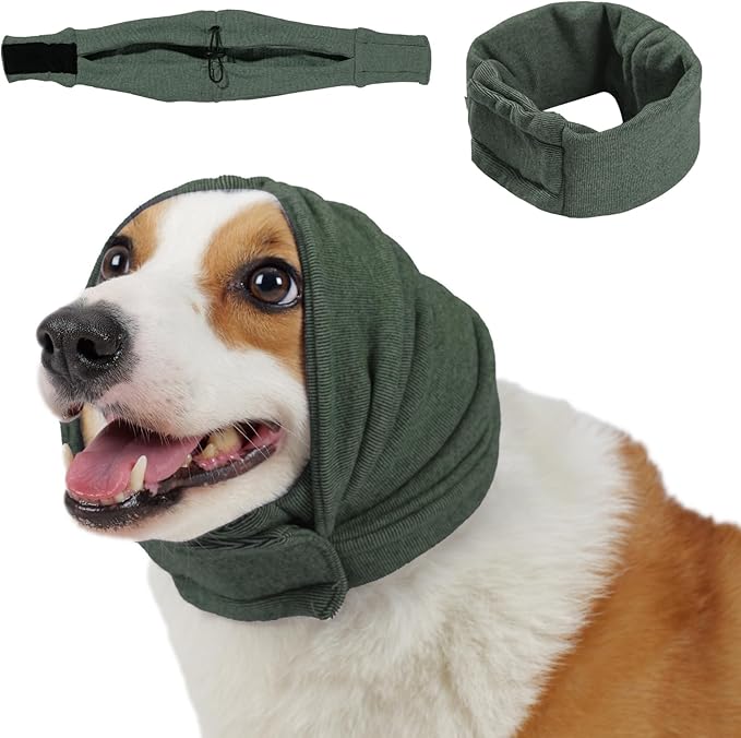 Dog Calming Hoodie, No Shake Ear Wraps for Dogs, Adjustable Dog Ear Muffs for Noise Protection, Ear Wrap Head Cover for Anxiety Relief & Hematoma (Olive Green, L(Head Circle:17.7"-23.6"))