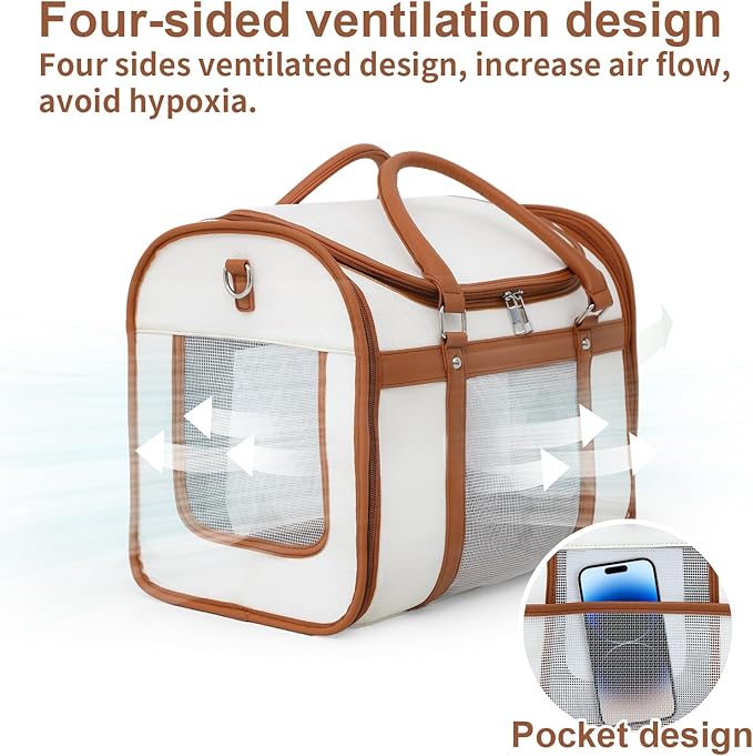Pet cat and Dog cage Suitable for Medium and Small-Sized Cats, Soft Side cat cage, Sturdy Outer Frame Design, Adjustable Shoulder Strap, Ivory White, Fashionable pet Supplies
