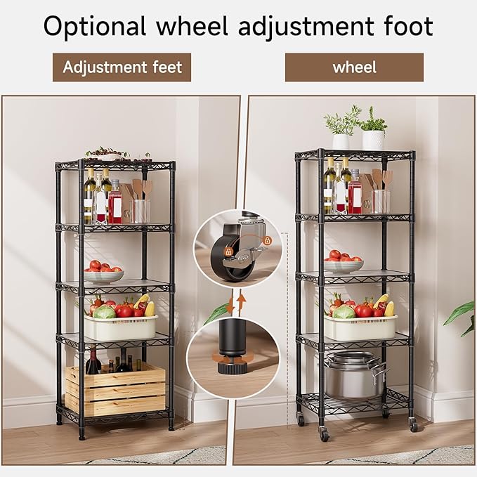Small 5 Tier Shelves Storage Wire Shelving Unit Metal Shelf Adjustable Organizers Storage Shelving with Wheels for Bathroom Laundry Room Kitchen Pantry12”D x 18”W x 57.2”H Black