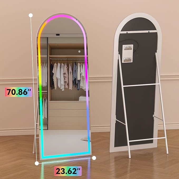 Hasipu 70.8" x 23.6" Arch LED RGB Bluetooth Full Length Mirror with Stand ＆ 7 Color Lighting Modes, Full Body Mirror with White Frame for Bedroom, Living Room, Dressing Room