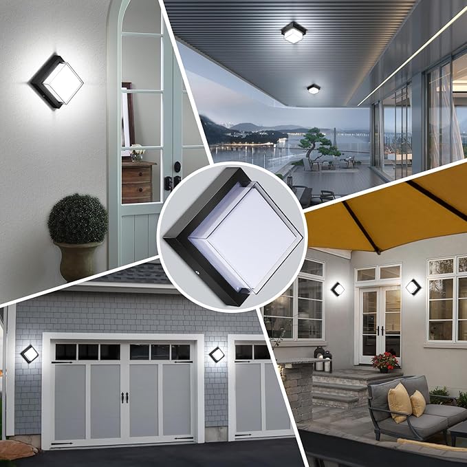Exterior Wall Lights, Modern Waterproof Outdoor Ceiling Wall Mount Lighting, Black Square Small Led Porch Light with Anti-Rust 6000K Daylight 12W for Garage, Entryway,House