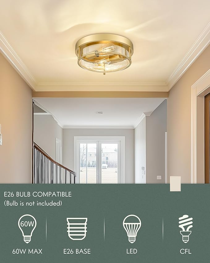 12" Flush Mount Ceiling Light, Farmhouse Style, Bubble Glass,Brass Gold, for Living Room, Bedroom, Dining – CKCL4822-2W-SGBB