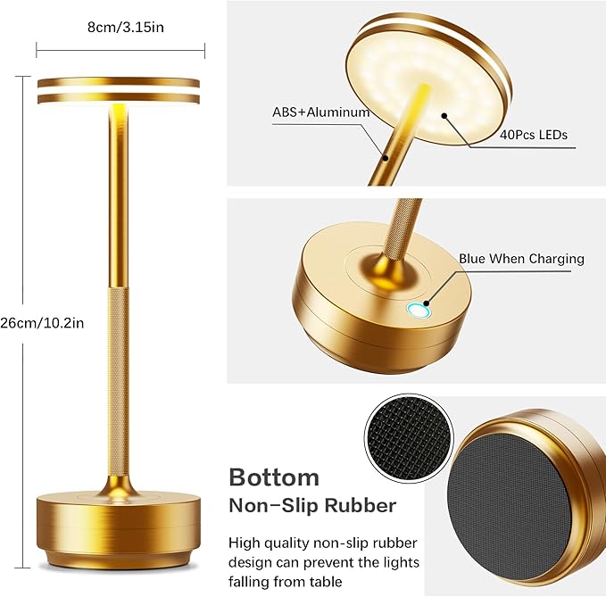 Hapfish Rechargeable Cordless Table Lamps, 5000mAh Battery Operated Lamp, 3 Color Modes, Dimmable, LED Table Lamps for Living Room,Outdoor, Dinner,Patio,Restaurant– Gold