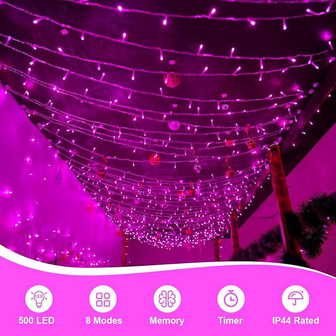QITONG Pink Christmas Lights Outdoor, 165ft 500 LED String Lights Plug in, Clear Wire Twinkle Xmas Lights Indoor with 8 Modes