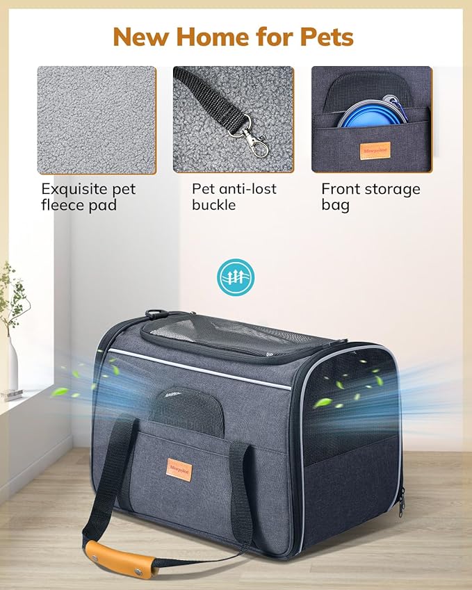 Morpilot Cat Carrier - Soft Sided Cat Carrier Large for Big Medium Cats and Puppy up to 18lbs, Pet Carrier with Safety Zippers, Foldable Bowl, Airline Approved Large Dog Carrier - Dark Gray