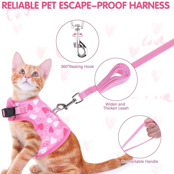 BINGPET Cat Harness and Leash Set Escape Proof for Walking,Step-in Harness with Lightweight Soft Breathable Mesh,Adjustable Easy Control Harness for Kitten Puppy Small Medium Large Cats(Heart,L)