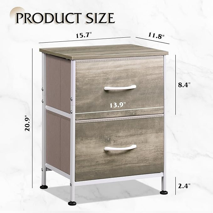 WLIVE Nightstand, 2 Drawer Dresser for Bedroom, Small Dresser with 2 Drawers, Bedside Furniture, Night Stand, End Table with Fabric Bins for Bedroom, Closet, College Dorm, Greige Oak
