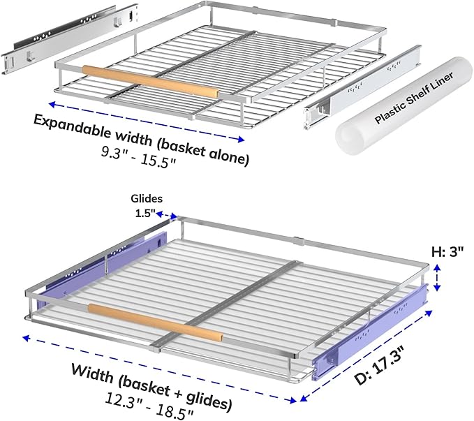 Pull Out Drawer Cabinet Organizer, Expandable Slide Out Storage Shelves - Heavy Duty, Durable and Smooth Slide-Out, 12.3" x 18.3" Wide x 17.3" Deep, 2 Pack