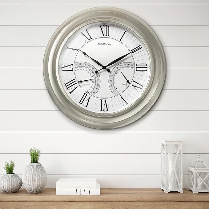 24 Inch Outdoor Clocks Waterproof, Self-Illuminated Large Outdoor Clock with Thermometer and Hygrometer Combo for Patio,Pool and Garden Decor,Roman Numeral,Morning Silver