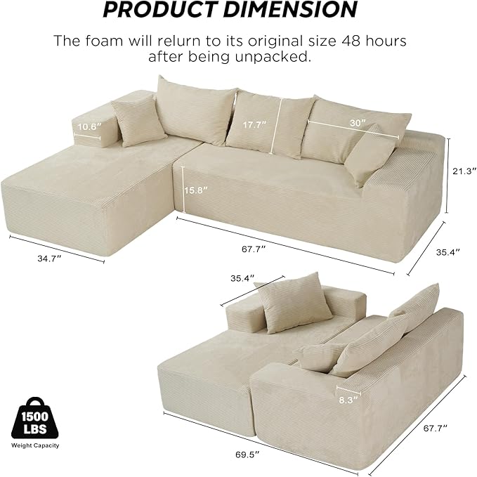 Beige Sectional Couches for Living Room, Boneless Couch with L-Shape Chaise, Modular Sofa in Box with Deep Seat, No Assembly Required