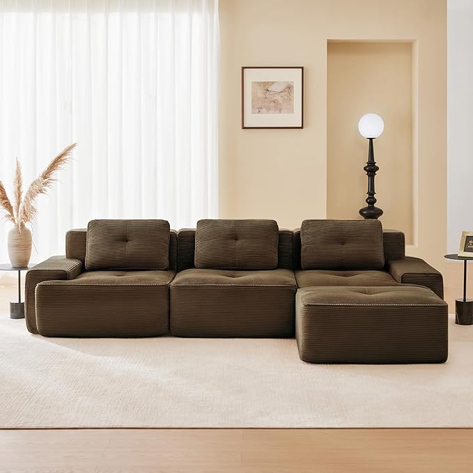 115" Modern Compressed Boneless Couch with Ottoman, 3 Seater Large L Shaped Sectional Couches for Living Room, Brown Corduroy Cloud Modular Sectional Sofa, Memory Foam, Extra Deep, No Assembly