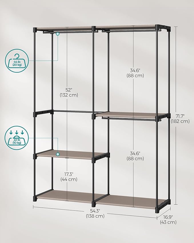 SONGMICS Portable Closet, Freestanding Closet Organizer, Clothes Rack with Shelves, Hanging Rods, Storage Organizer, for Cloakroom, Bedroom, 54.3 x 16.9 x 71.7 Inches, Taupe URYG025R02