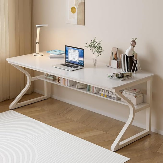 Extra Long Desk with Bookshelf - 63" Double Long Writing Table for 2-Person Workstation, Modern Study Work Computer Desk for Home and Office, Warm White