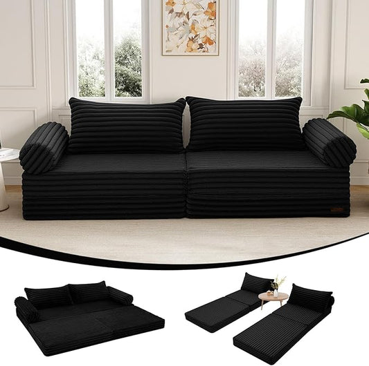 MeMoreCool Convertible Sofa Bed, Folding Floor Couch Bed Queen, Pull Out Sleeper Couch with Pillows, Fold Out Futon Sofa for Bedroom Living Room Small Space, Corduroy Black