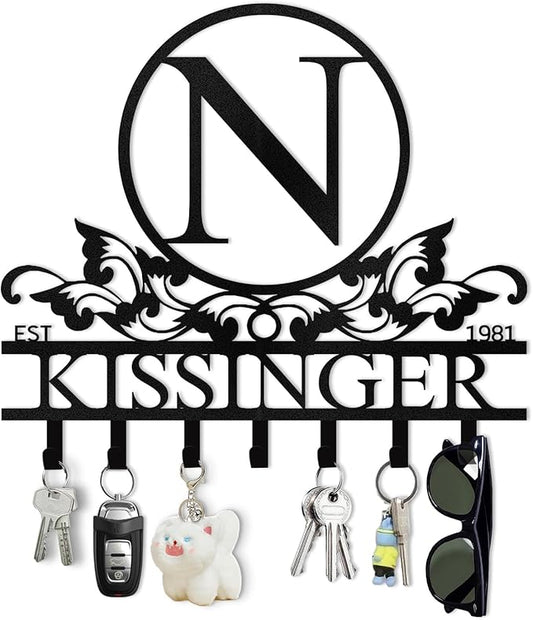 Personalized Metal Key Holder Wall Mount, Custom Family Name Key Holder for Wall, Decorative Key Rack, Home Decor for Entryway Kitchen Hallway Bedroom, Housewarming Gifts Color02