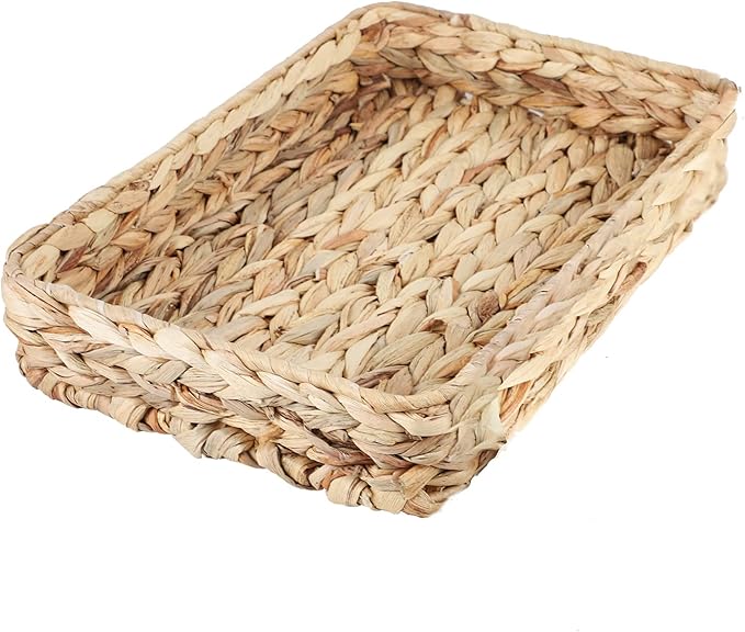 Water Hyacinth Woven Serving Tray Rectangular Hand-Woven Wicker Storage Trays for Coffee/Breakfast/Dessert/Fruit/Bread (Original Color - Large)