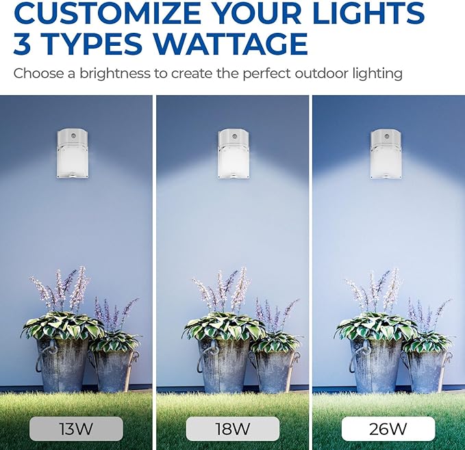 CINOTON 26W LED Wall Pack Light with Dusk to Dawn Sensor, 3CCT 3000K/4000K/5000K, 26W/18W/13W Switchable, [100-277Vac] IP65 Waterproof Outdoor Security Flood Lighting for Garage Warehouse 2 Pack