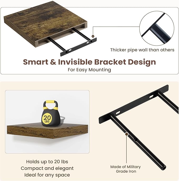 Fun Memories Square Floating Shelves for Wall - 9.3 Inch Deep Floating Shelves with Invisible Brackets, Brown Small Wall Shelf for Living Room, Bathroom, Bedroom, and Kitchen Decor，Set of 4