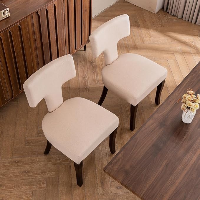 Mid Century Modern Dining Chairs Set of 2, Upholstered Side Dining Chairs with Curved Back Linen Fabric Armless Wood Chairs Kitchen & Dining Room Farmhouse Chairs (Ivory, Set of 2)
