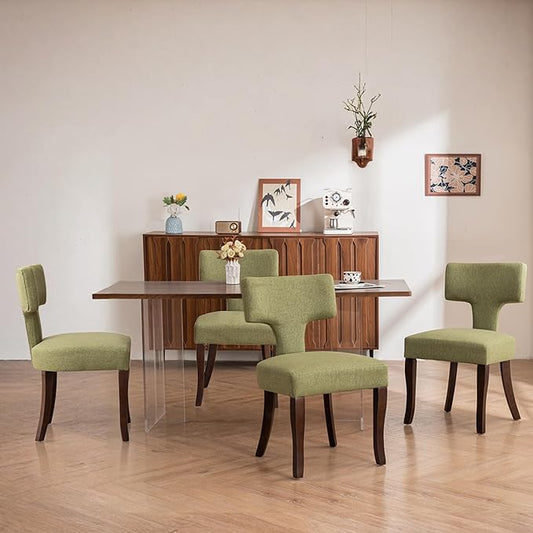 Mid Century Modern Dining Chairs Set of 4, Upholstered Side Dining Chairs with Curved Back Linen Fabric Armless Wood Chairs Kitchen & Dining Room Farmhouse Chairs (Green)
