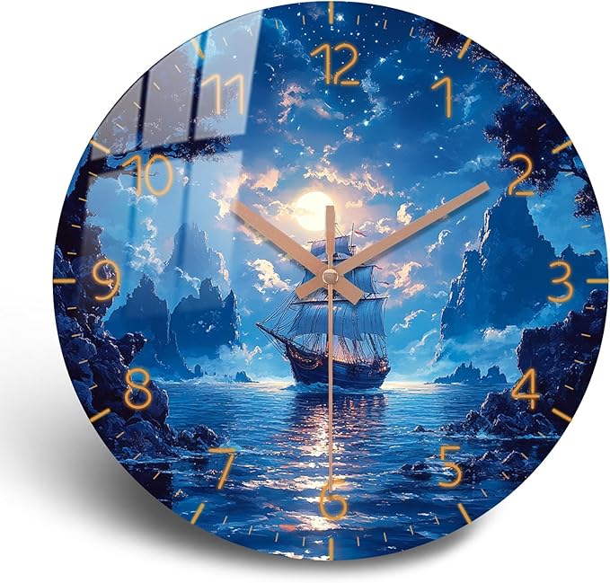 Oversized Coast Wall-Clock 24 inch Blue Beach Silent Clocks Battery Operated Wooden Round Wall Clock for Office, Living Room Wall Decor