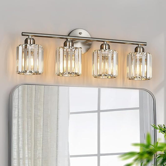 Modern 4 Light Crystal Vanity Light, Brushed Nickel Vertical Bathroom Light Fixture Over Mirror for Dressing Table Sink, Compatible with Dimmable Bulbs (Bulbs Not Included)