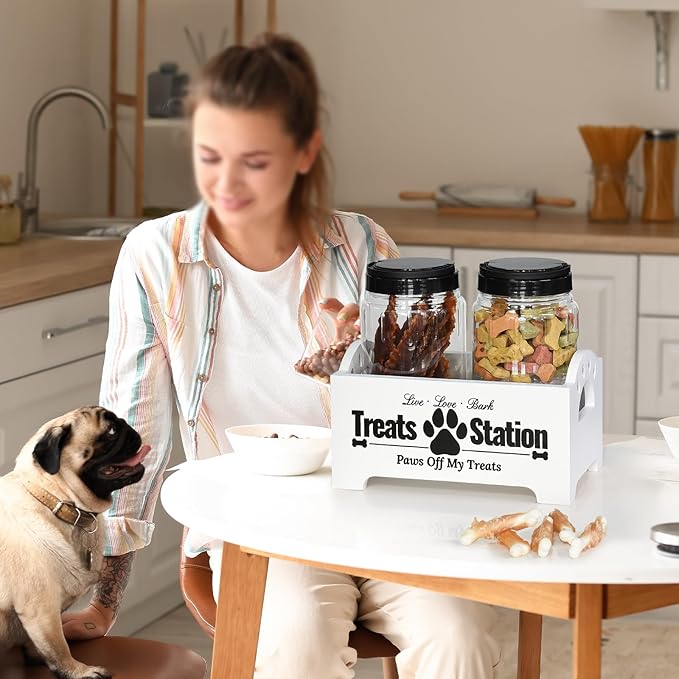 Dog Treat Container Dog Food Container for Dog Food Storage, Farmhouse Cat Food Container Pet Food Storage Organizer, Wood Dog Treat Holder with 2 Plastic Cat Dog Treat Jars, White Cat Treat Container