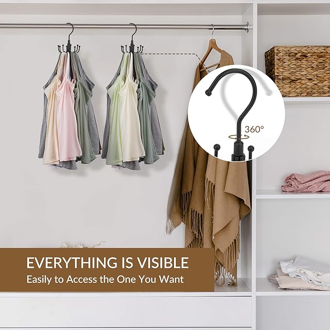 ZEDODIER Tank Top Hanger, Rotatable Bra Organzier for Closet, Max 24 Storage Capacity Sport Bras Holder, Metal Space Saving Closet Organizers and Storage, Black