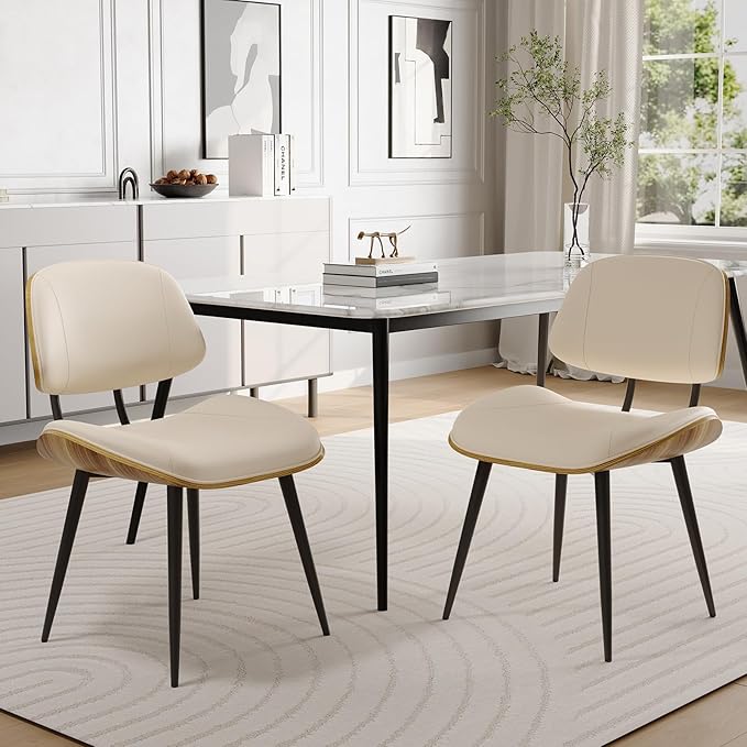 Mid Century Modern Dining Chairs Set of 2, PU Leather Armless Kitchen Chairs with Walnut Bentwood Back & Metal Legs, Sturdy Retro Accent Chairs for Dining Room, Living Room, Beige