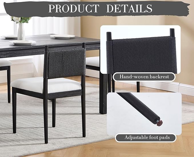 CIMOTA Black Dining Chairs Set of 2, Mid Century Modern Upholstered Dining Room Chairs with Woven Back, Armless Kitchen Chairs with Solid Wood Legs,Linen Beige